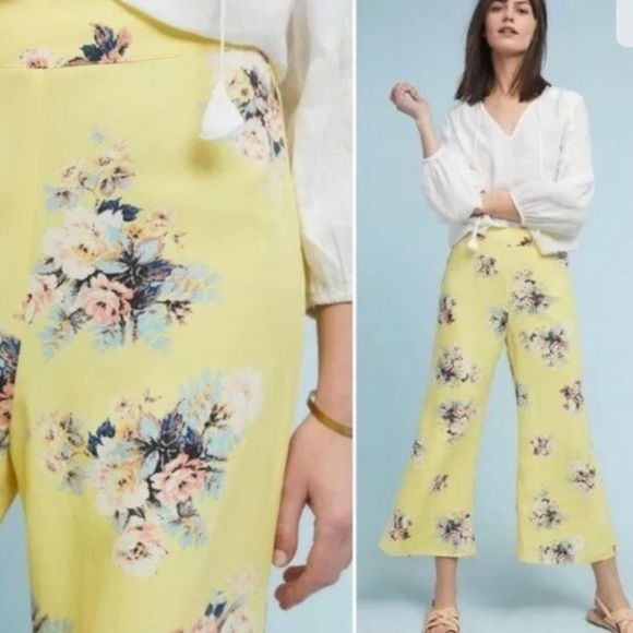 Anthropologie Pants - Anthropologie Feather Bone Talese wide leg yellow floral pants Size 4
